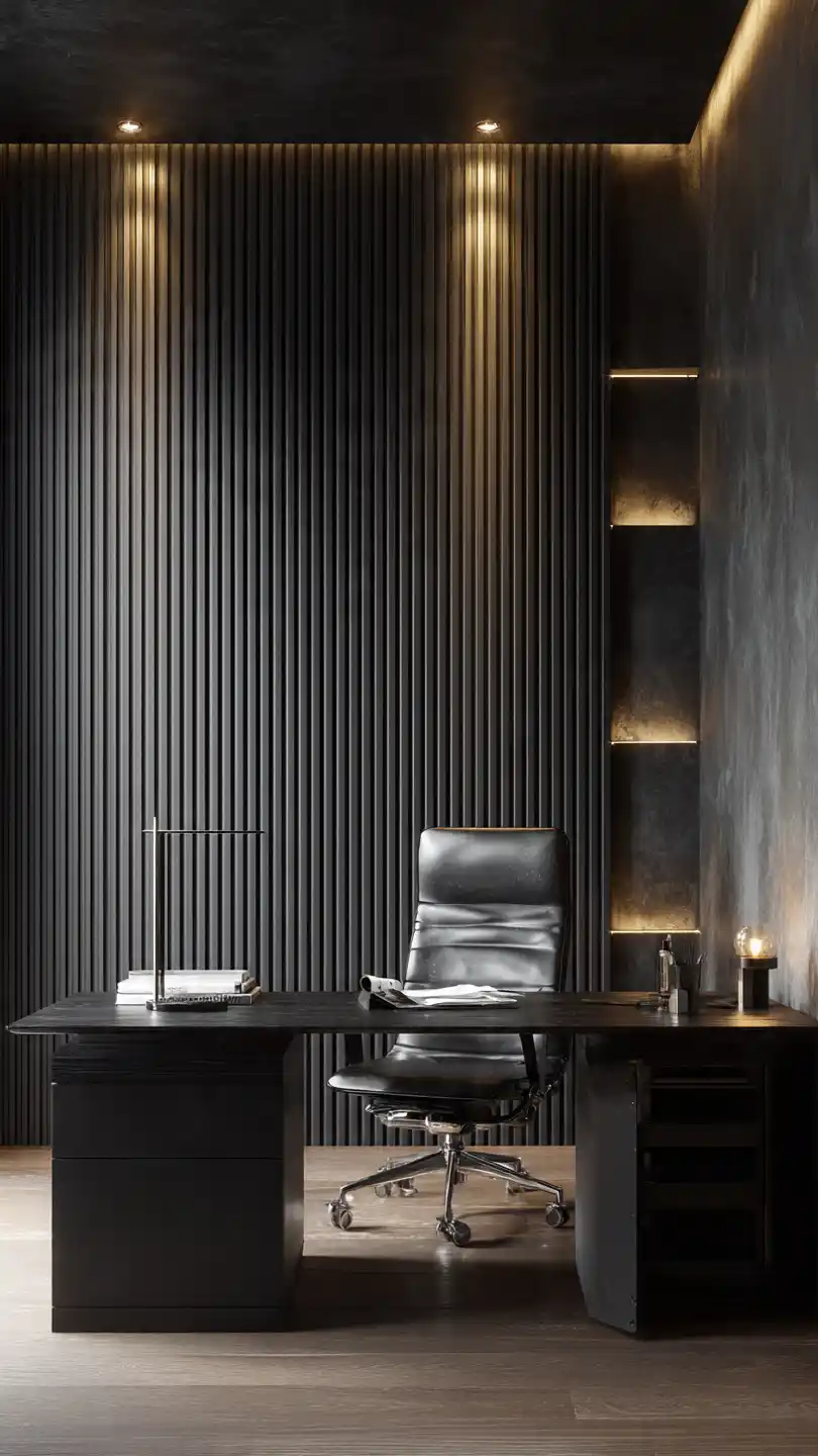 Textured Black Panels for Sleek Professionalism Home Office Accent Wall