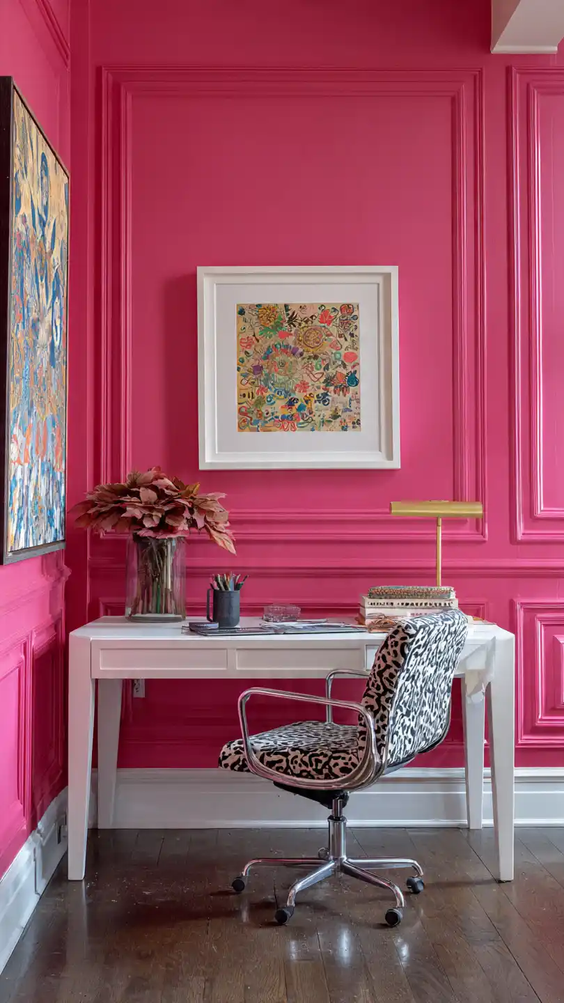 Vibrant Hot Pink with Framed Trim for Creative Energy Home Office Accent Wall