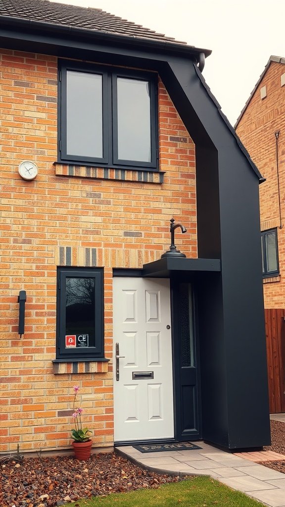 A blonde brick house with bold charcoal trim and a white door.