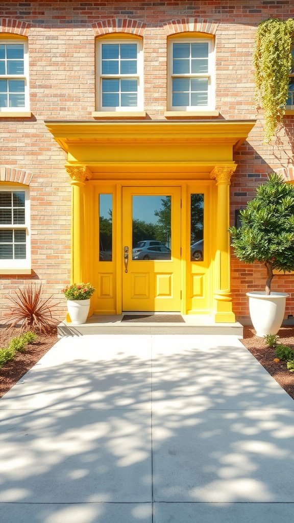 Bright yellow door and trim on a blonde brick house