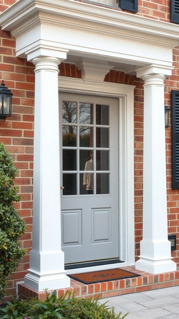 Classic white trim around a door on a blonde brick house