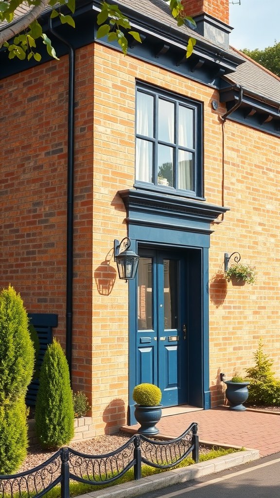 A blonde brick house with navy blue exterior trim, showcasing a stylish door and window frames.