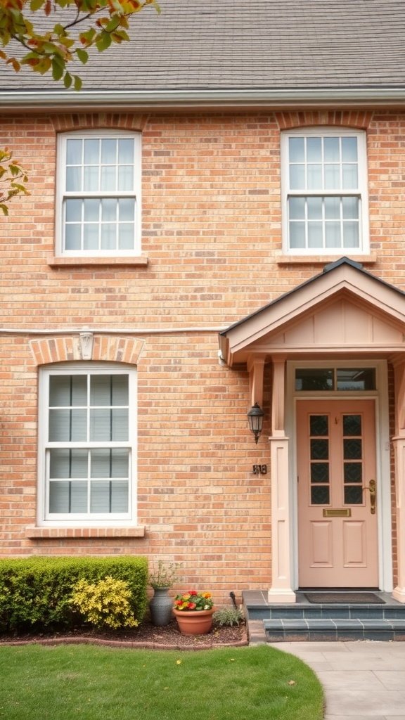 Blonde brick house with dusty rose trim and door