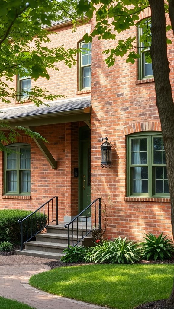 Blonde brick house with olive green trim and natural landscaping