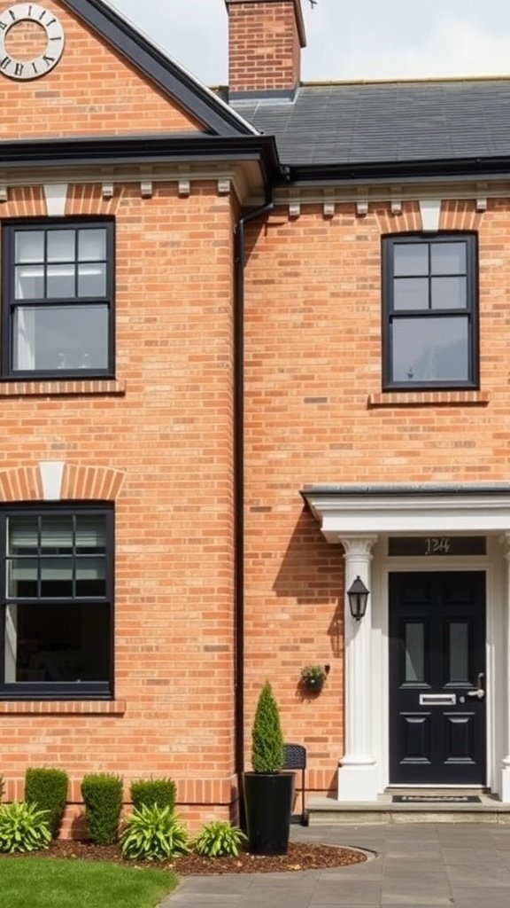 Blonde brick house exterior with black trim and door.