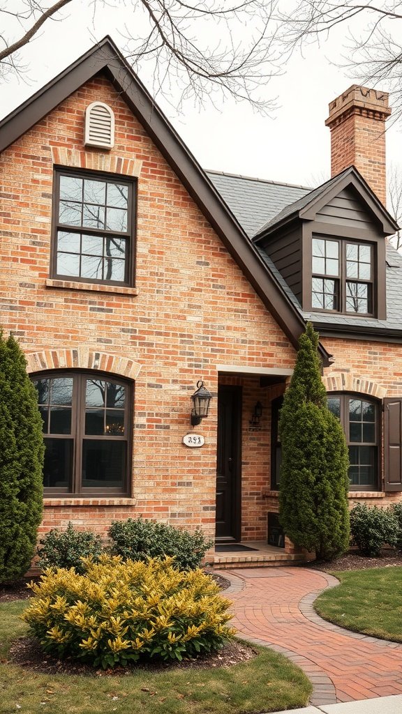 Exterior view of a blonde brick house with chocolate brown trim.
