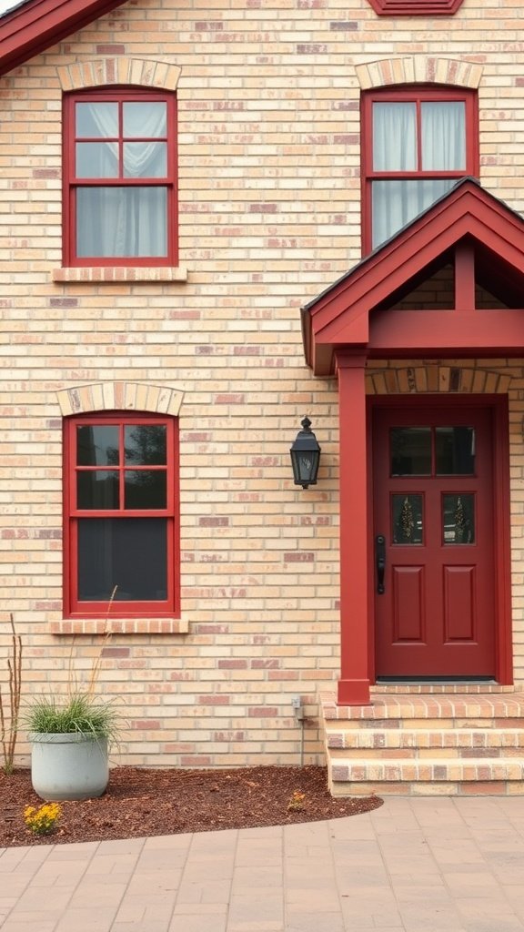 Close-up of a blonde brick house with rustic red trim around windows and door.