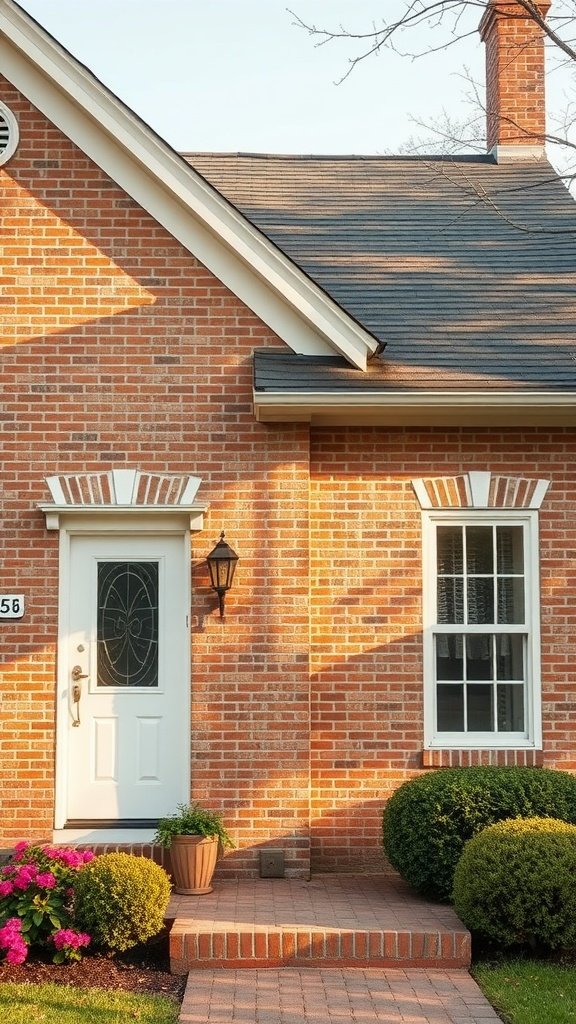 A blonde brick house with soft cream exterior trim, showcasing windows and a front door.