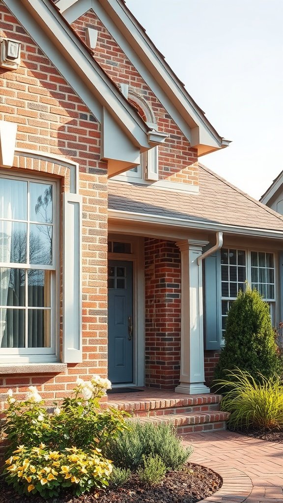 A blonde brick house with soft gray trim and landscaping.