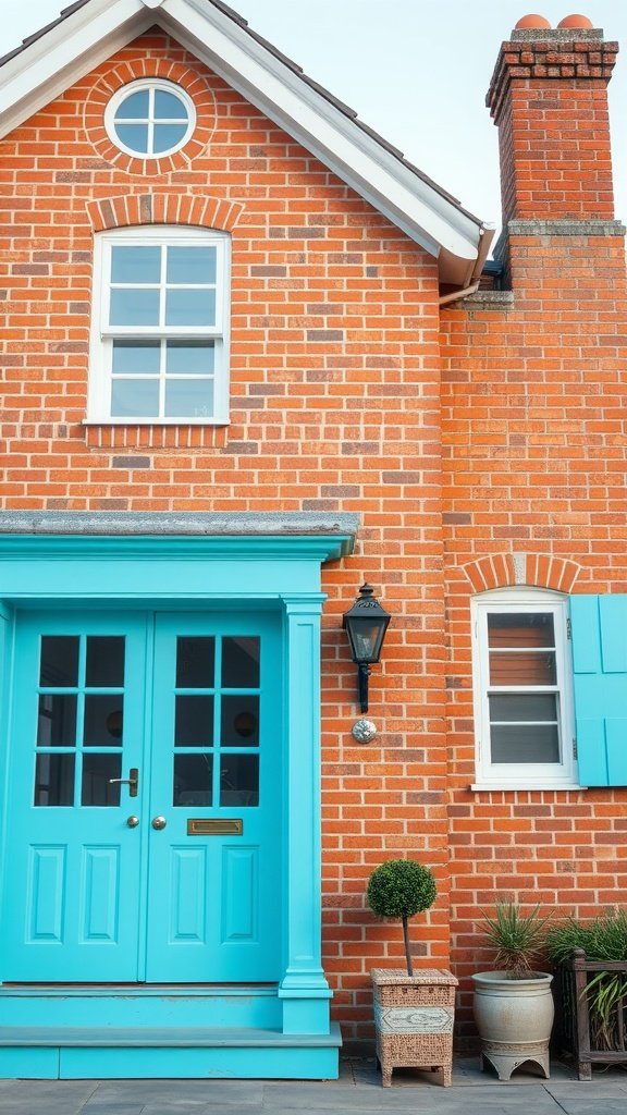 Vibrant turquoise exterior trim on a blonde brick house.