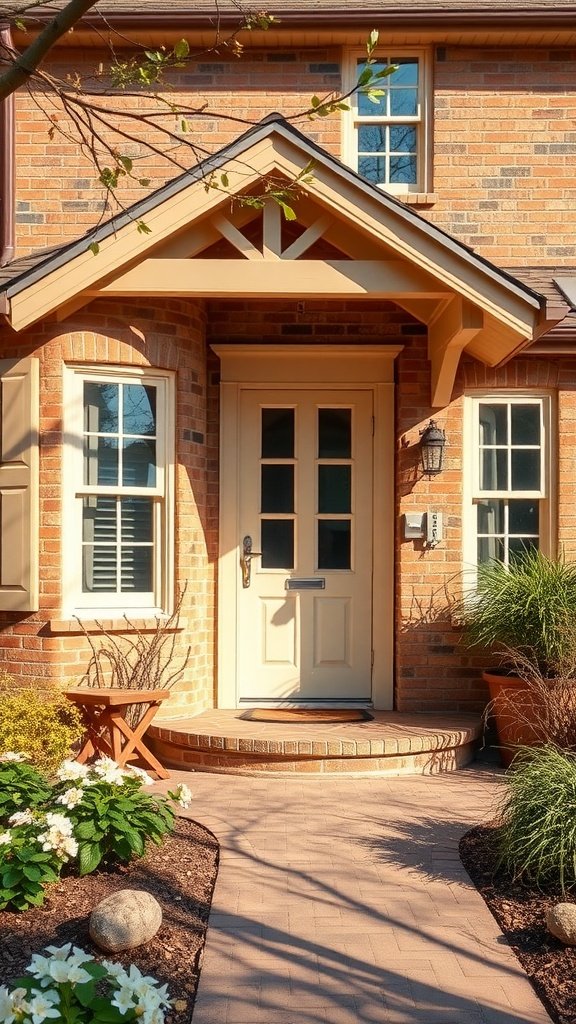 A blonde brick house with warm beige exterior trim and a welcoming front entrance.