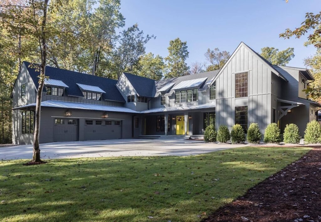 Farmhouse Exteriors Warm Grey and Black Landscaping