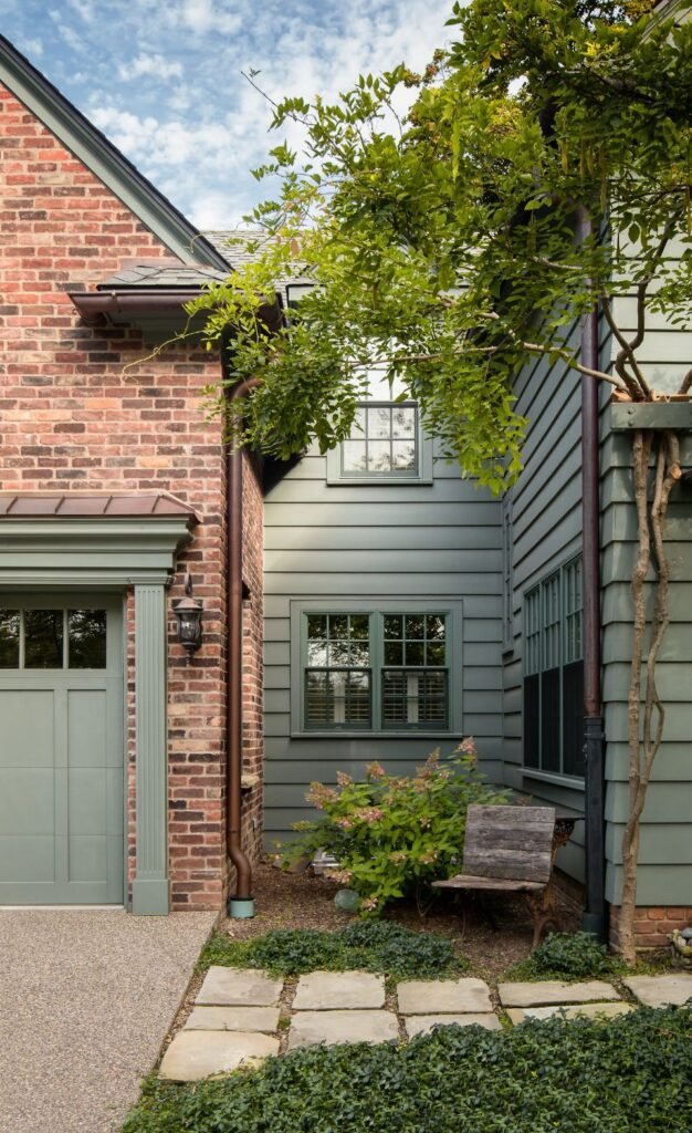 Subtle Olive Green for a Natural Look orange brick exterior
