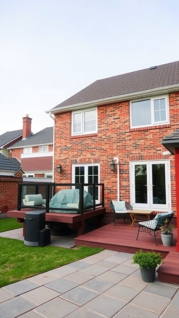 A red brick house with a wooden deck and patio, featuring modern furniture and lush green grass.