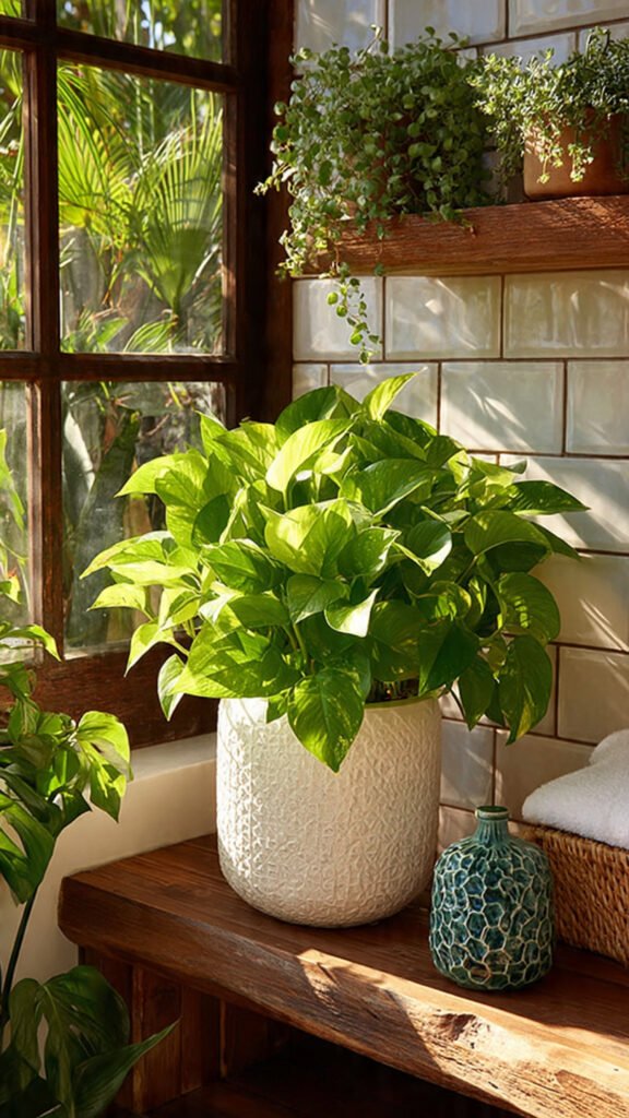 bathroom corner featuring lush pothos plant cascading