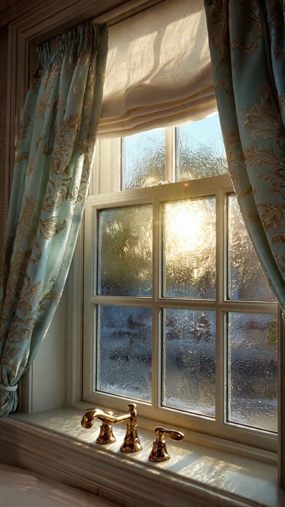 bathroom window with elegant frosted glass treatment