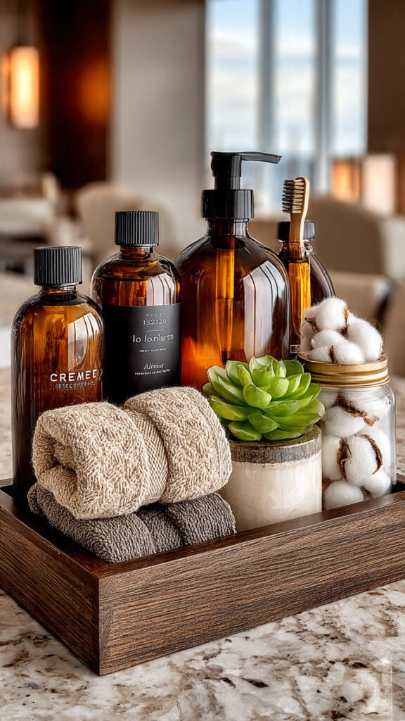 close up of a stylish bathroom tray displaying