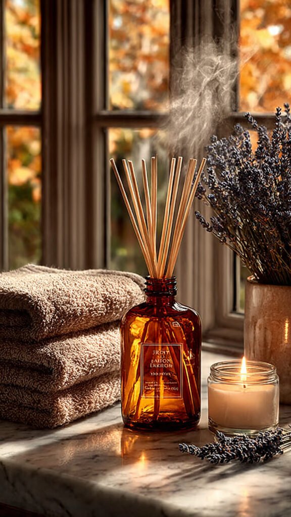 elegant reed diffuser in amber glass bottle