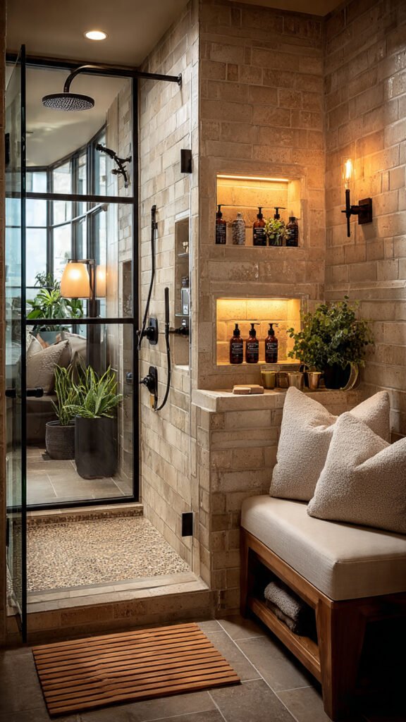 luxurious walk in shower with rainfall showerhead eucalyptus