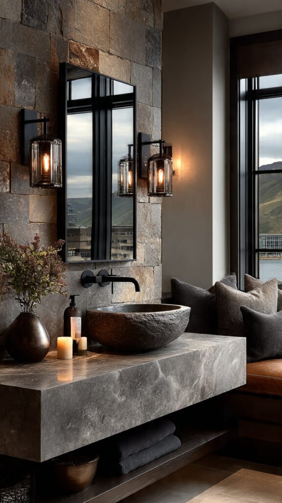 modern guest bathroom vanity with layered lighting