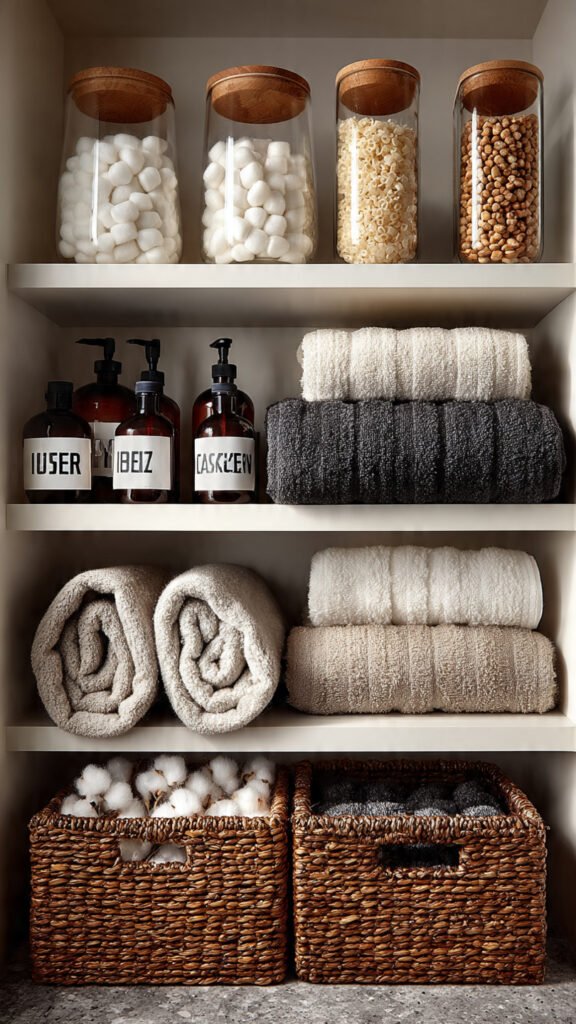 open bathroom shelving unit with neatly organized