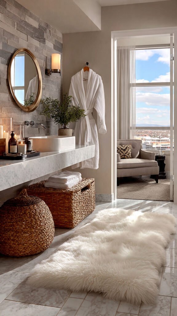plush white bath mat on heated tile