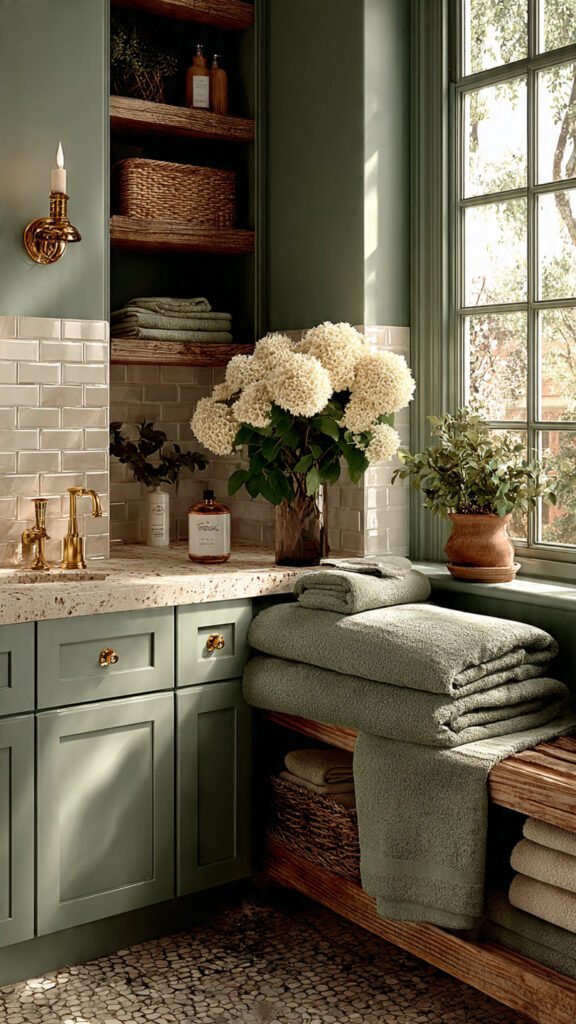 serene guest bathroom with cohesive sage green