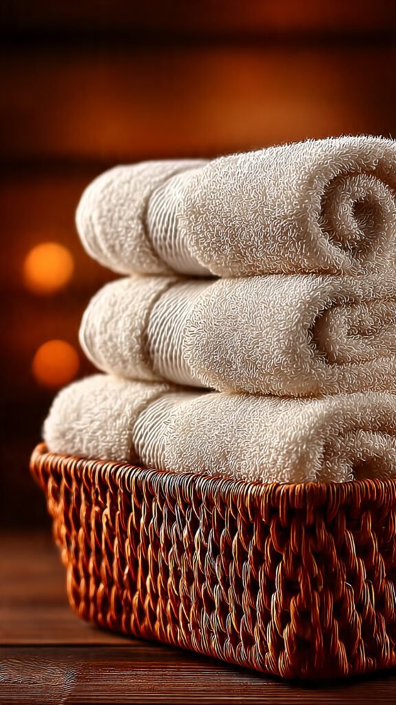 stack of plush white spa quality towels rolled