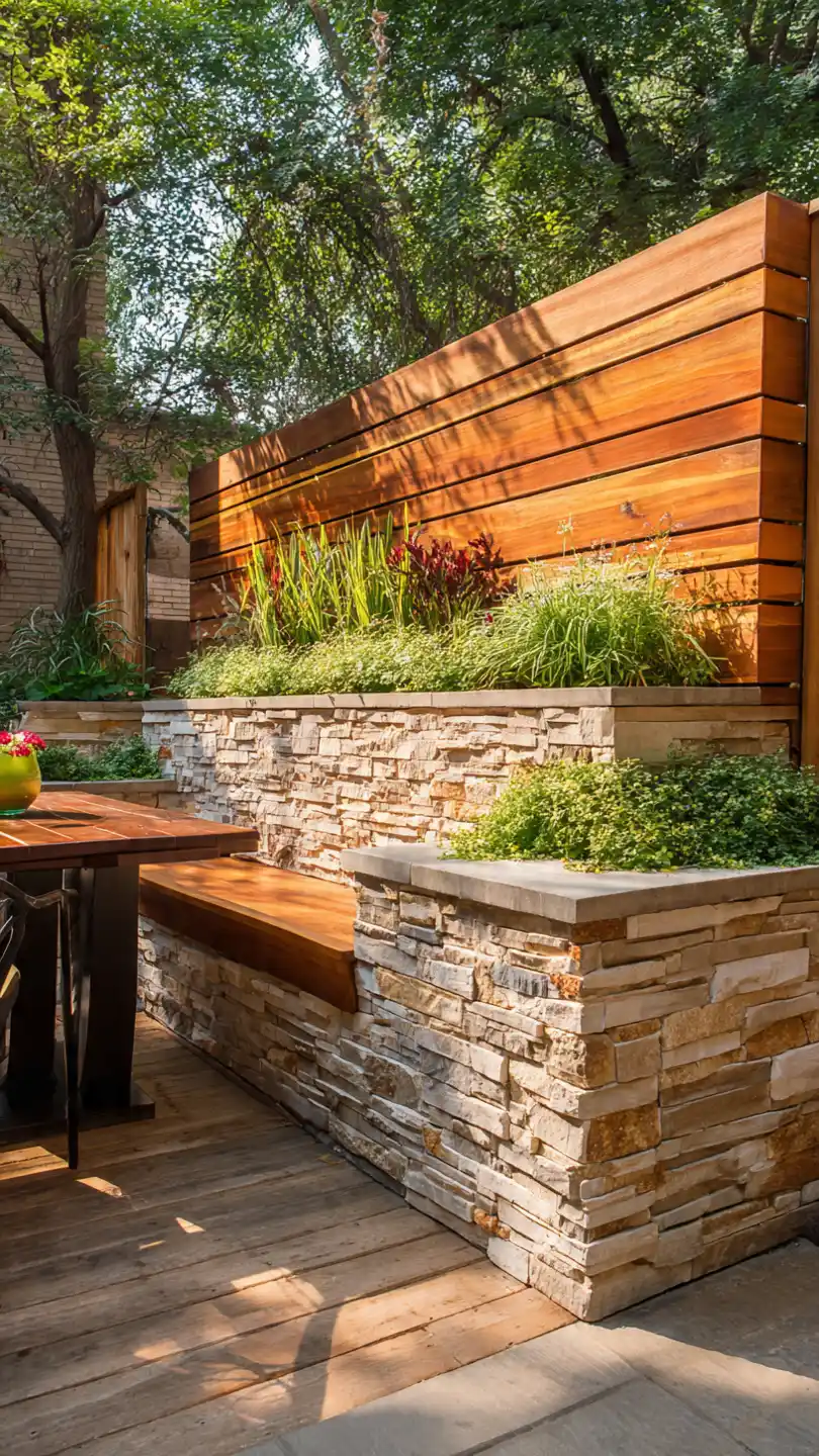 Backyard Privacy Wall with Combination Stone and Wood Wall