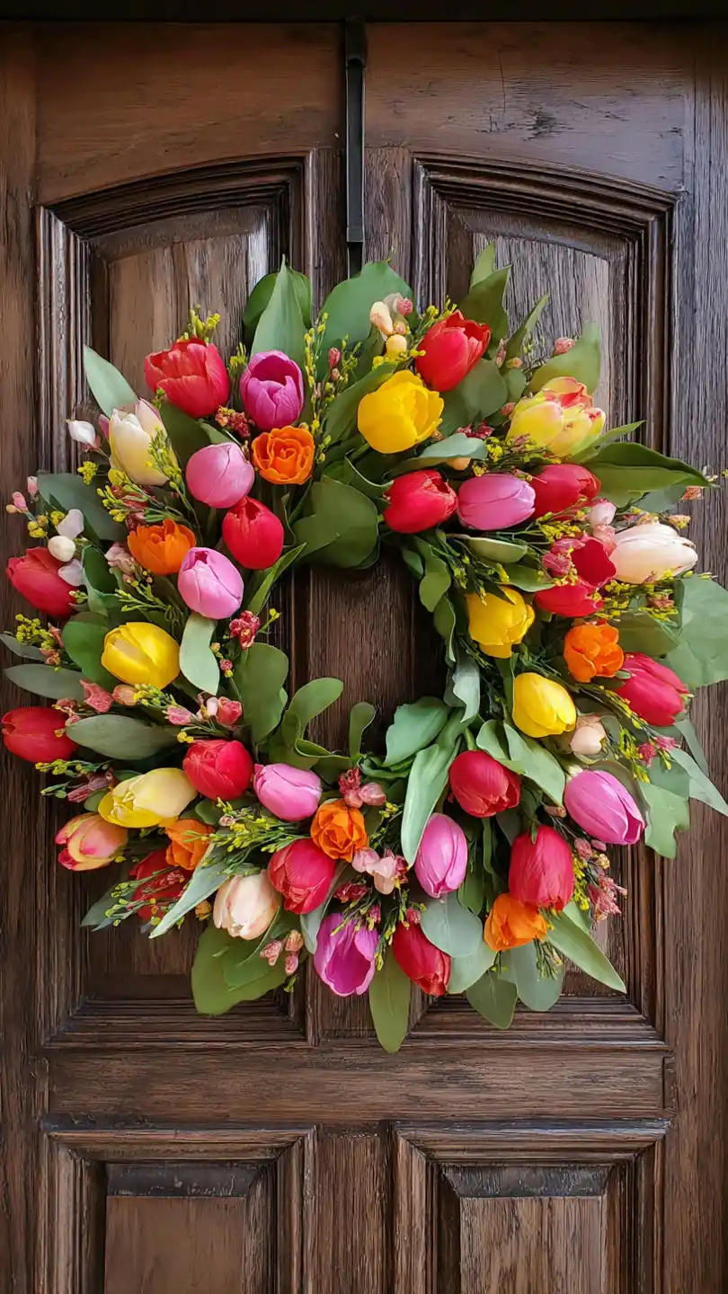 Spring Wreath for Front Door with Bright Tulip Arrangements