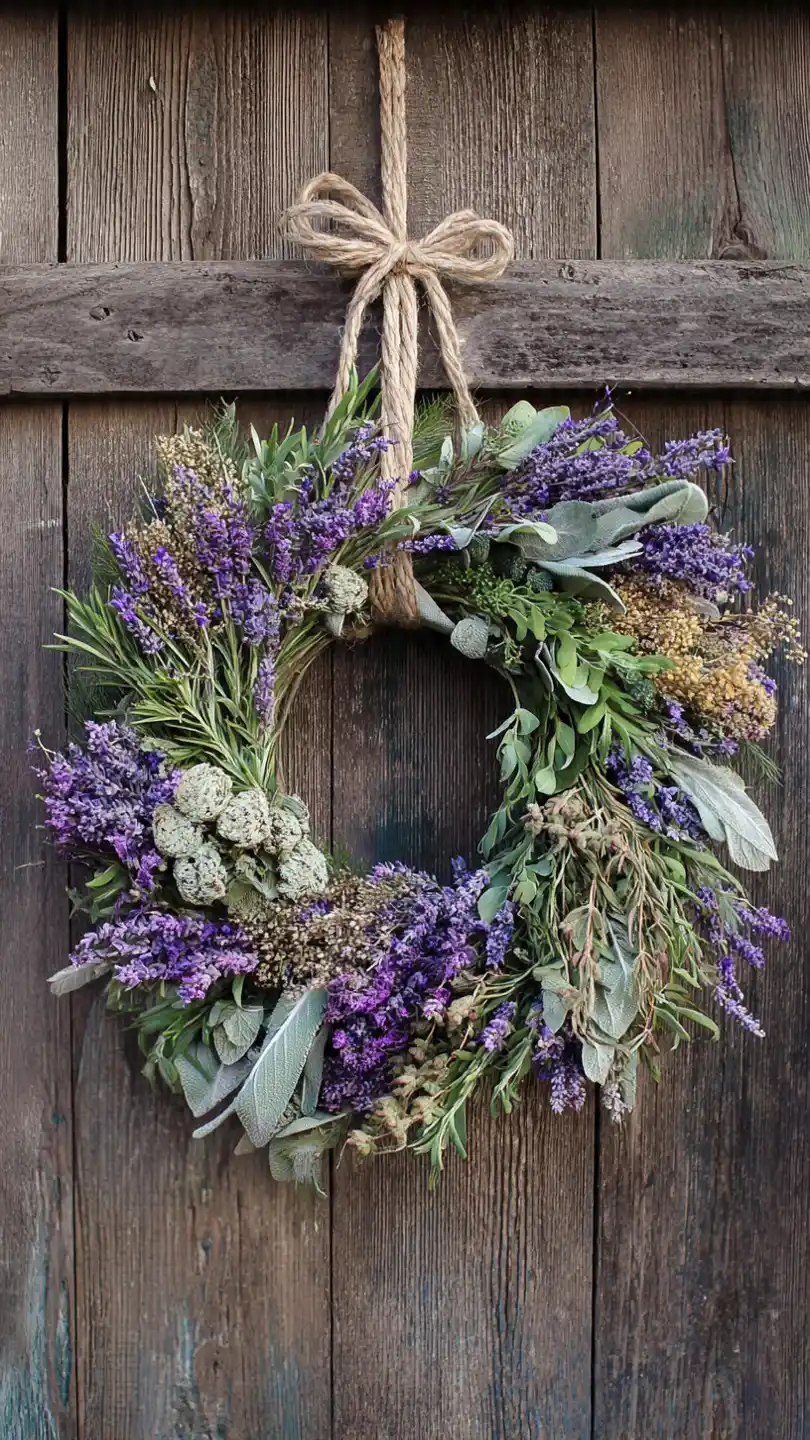 Spring Wreath for Front Door with Lavender and Herb Garden Styles