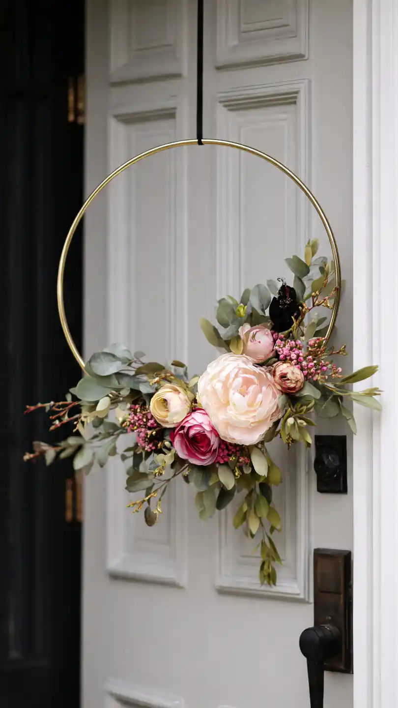 Spring Wreath for Front Door with Modern Hoop and Asymmetrical Designs