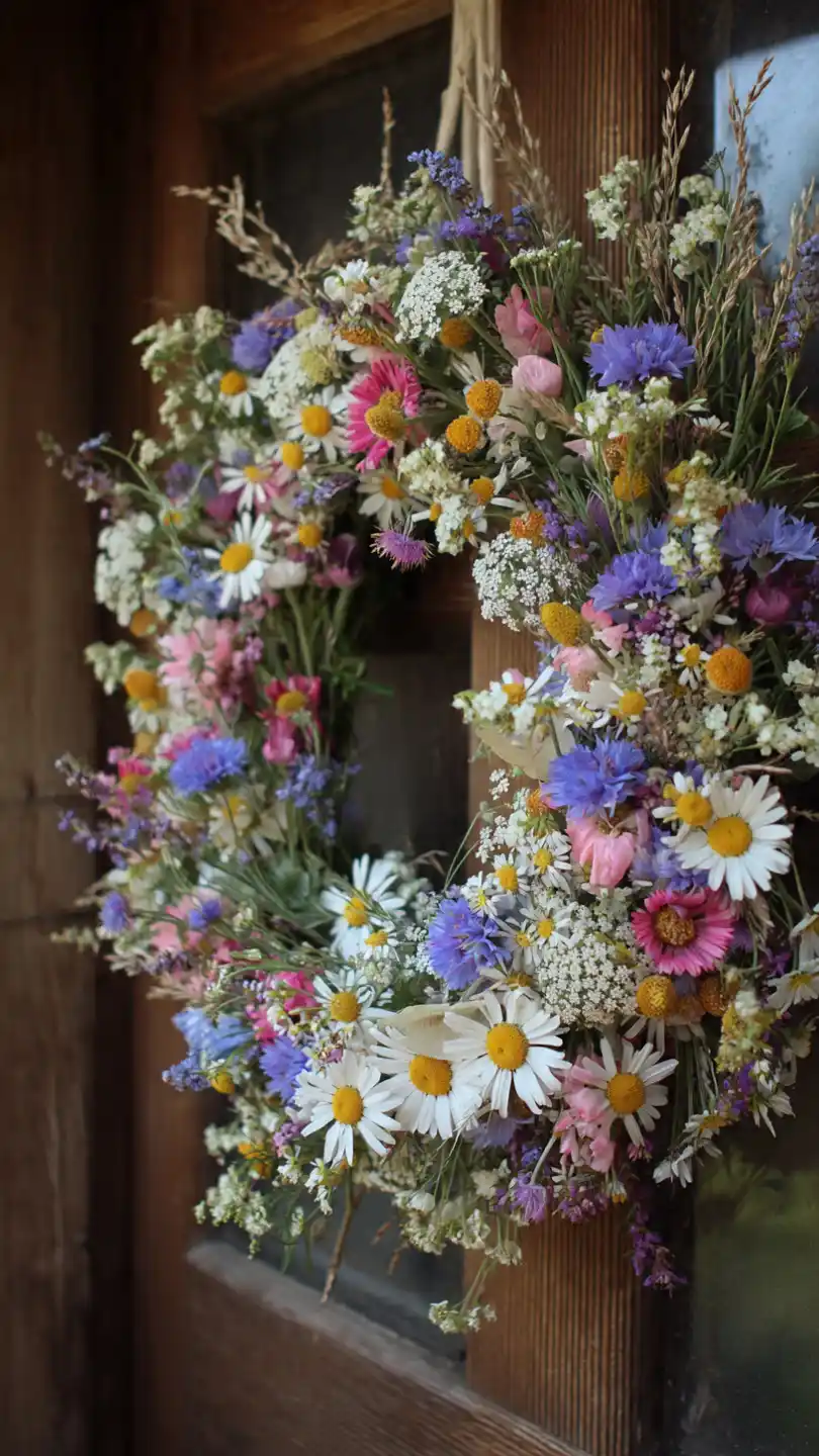 Spring Wreath for Front Door with Wildflower Meadow Arrangements