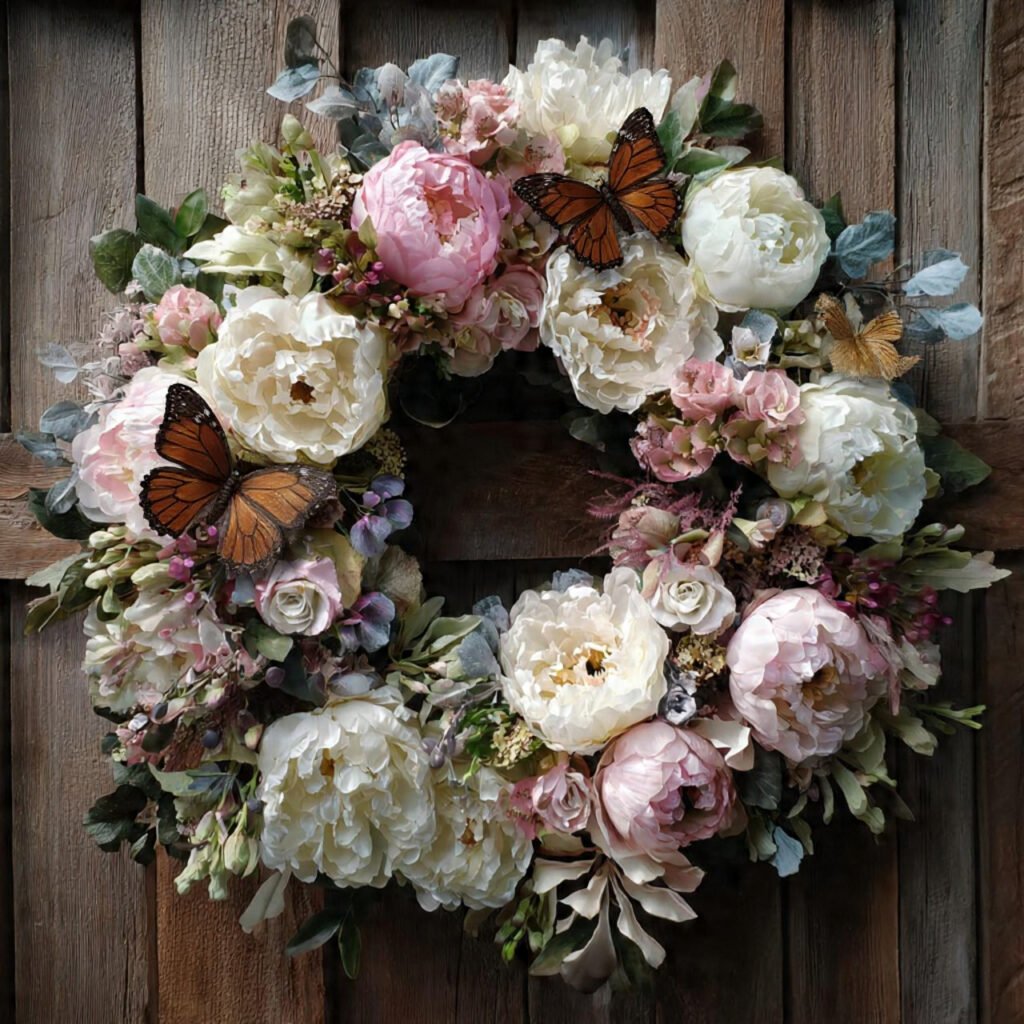 romantic peony statement pieces wreath with butterfly