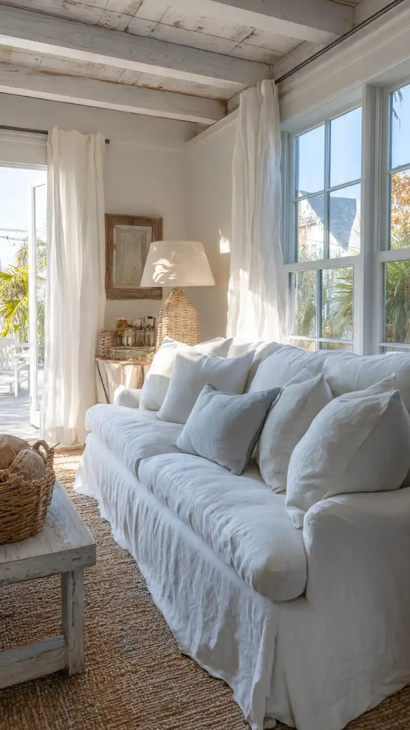 Beach Cottage Decor with Slipcovered Sofa in Washed Linen