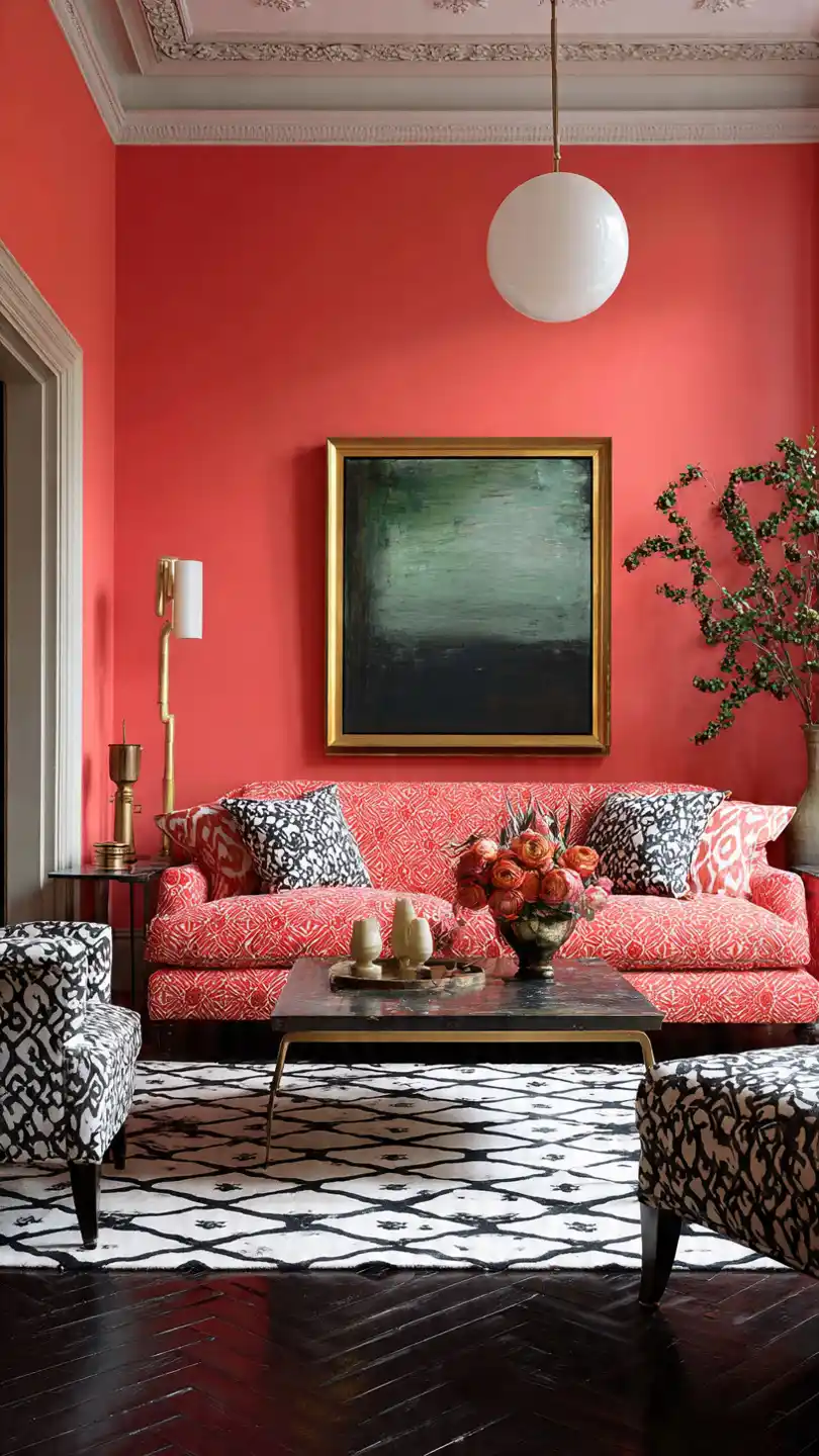 Bold Coral Statement Living Room Wall Paint