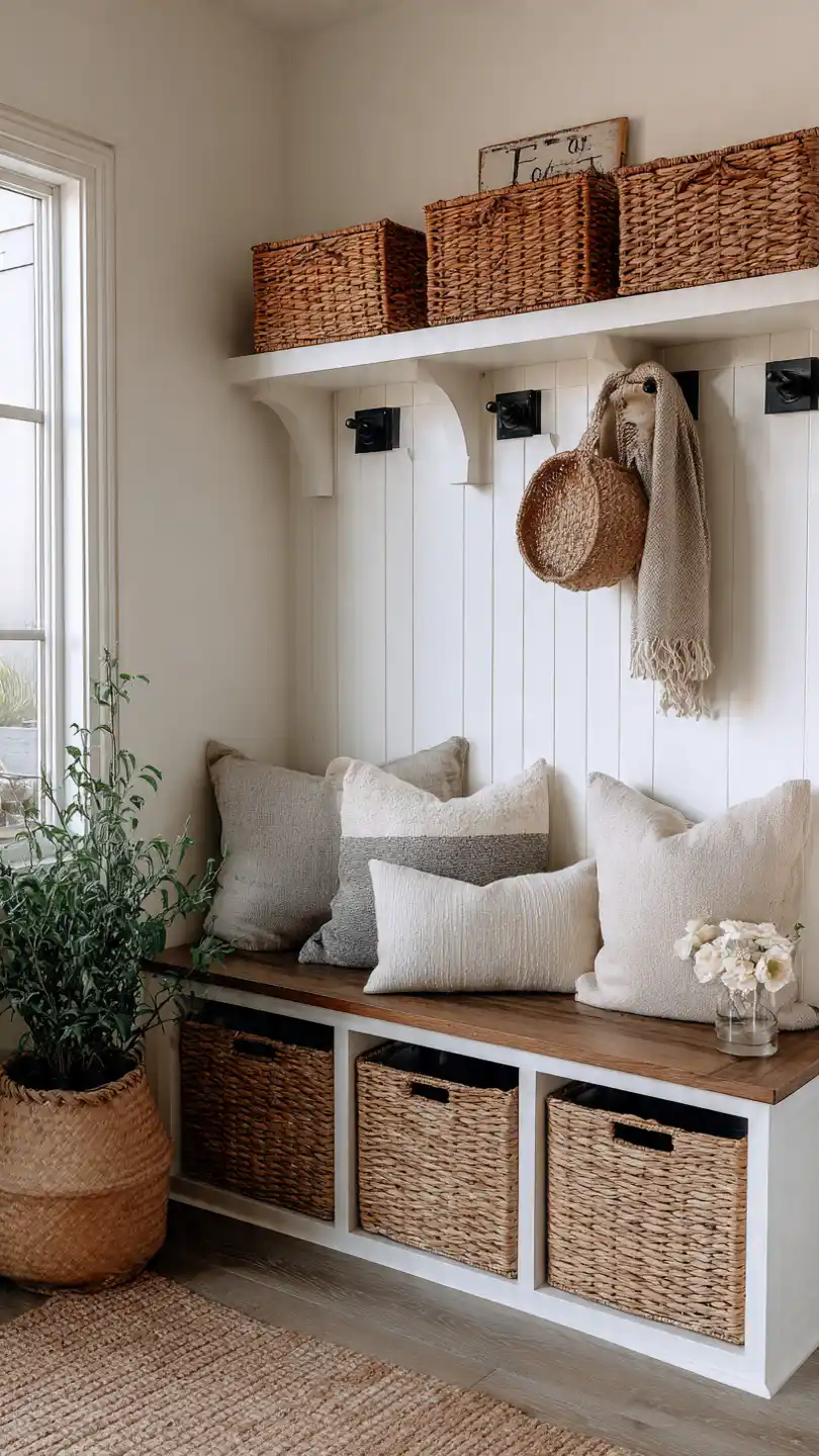 Cottage Farmhouse Decor with Functional Entry Bench with Woven Bins
