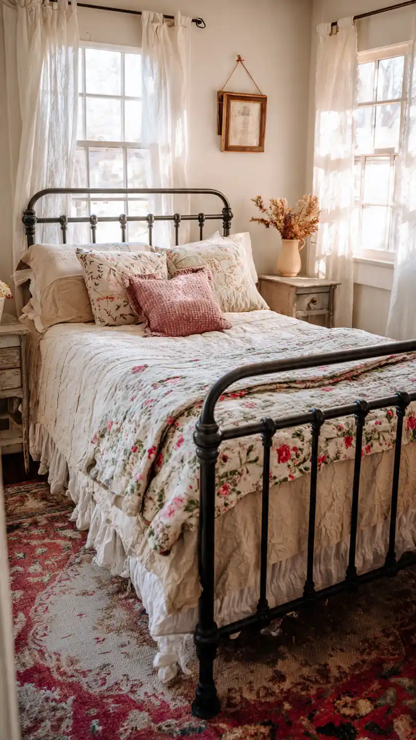 Cottage Farmhouse Decor with Iron Bed Frame with Layered Linens