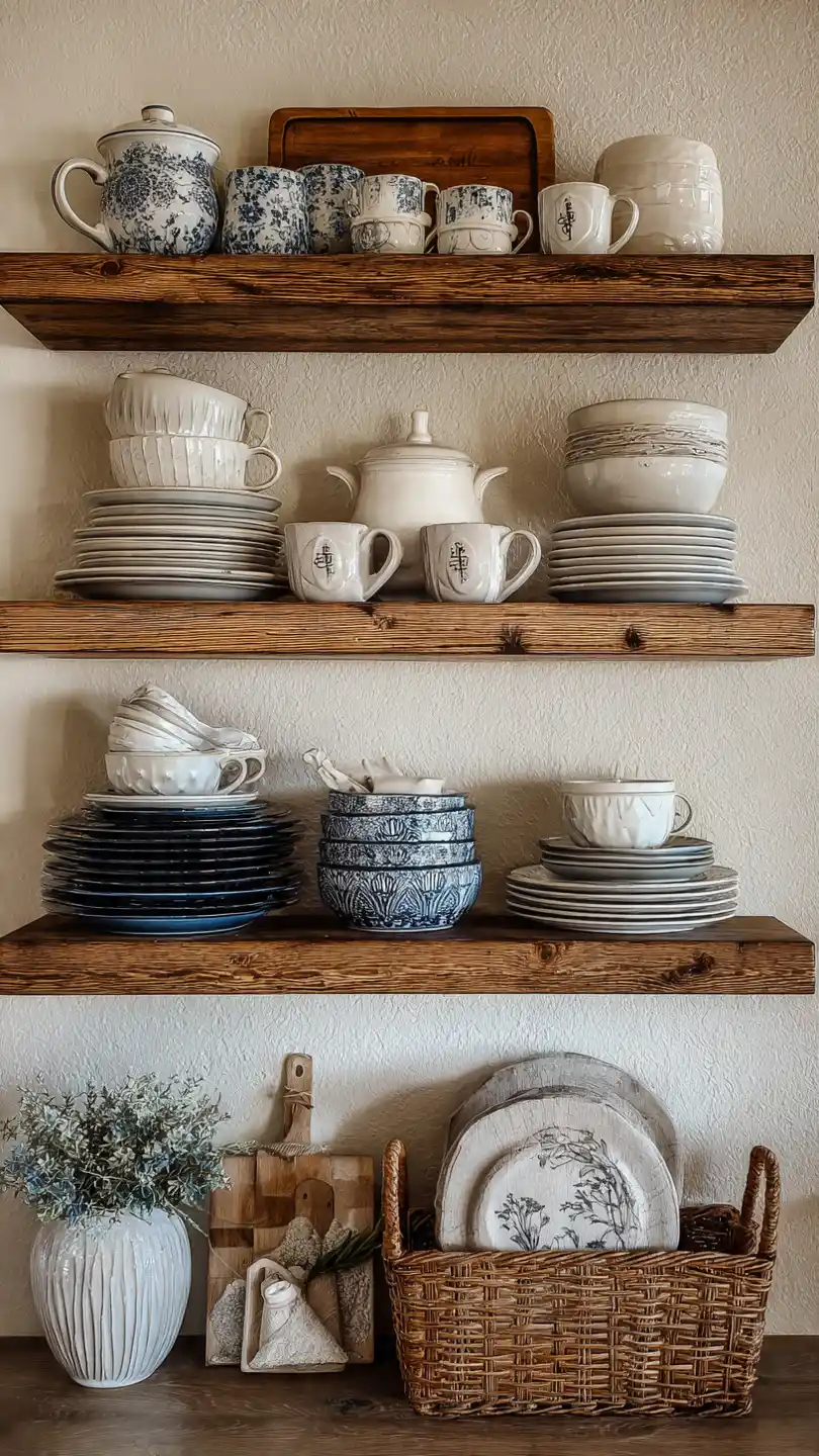 Cottage Farmhouse Decor with Open Shelving with Everyday Dishware