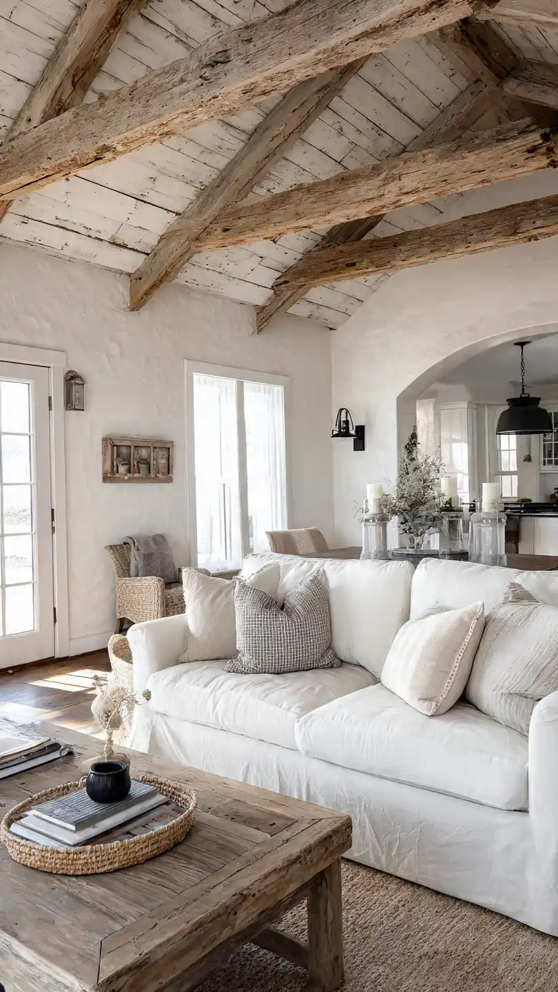 Cottage Farmhouse Decor with Whitewashed Walls with Exposed Wood Beams