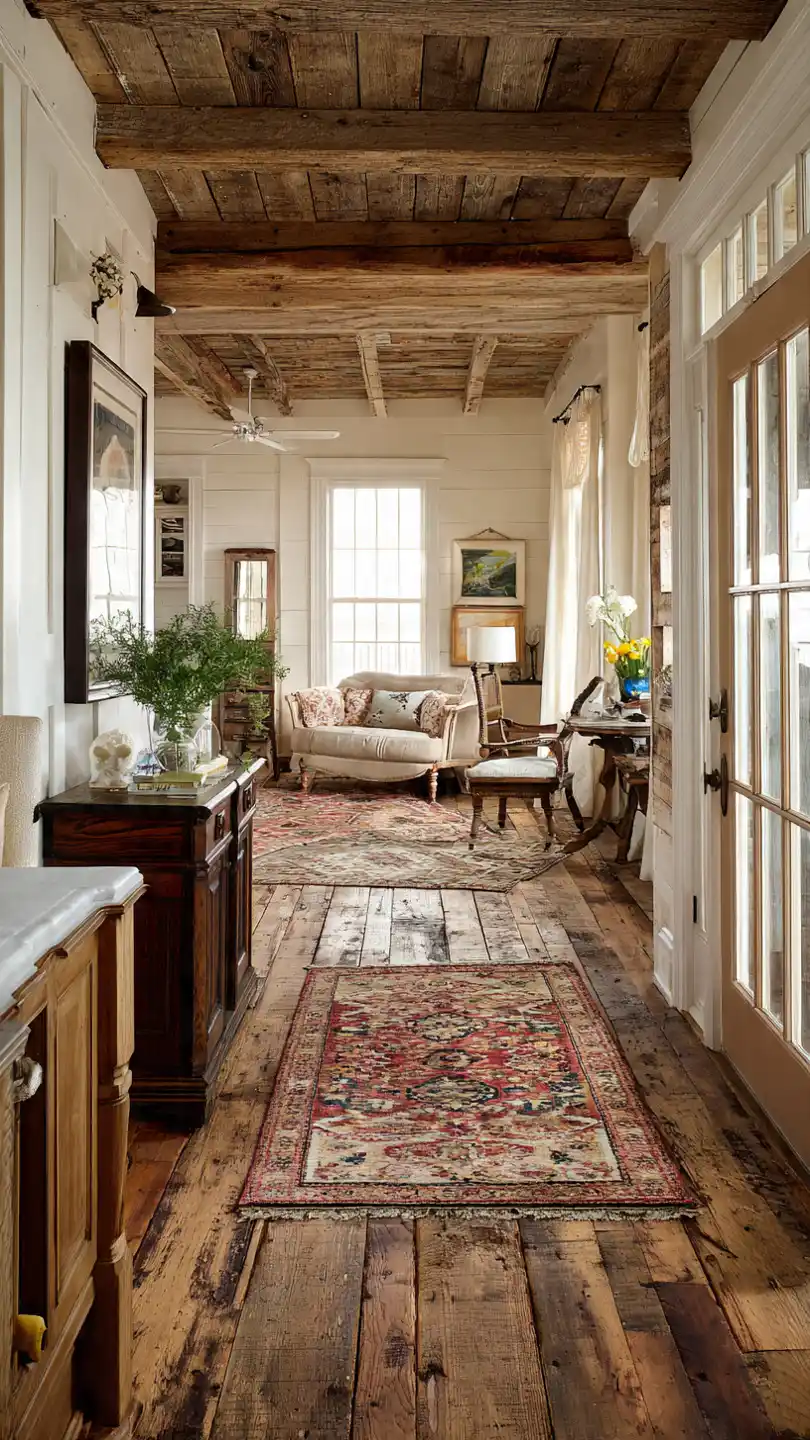 Cottage Farmhouse Decor with Worn Oak or Pine Floors with Area Rugs