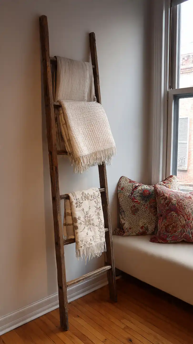 Cottage Wall Decor with Leaning Quilt or Blanket Ladder 1