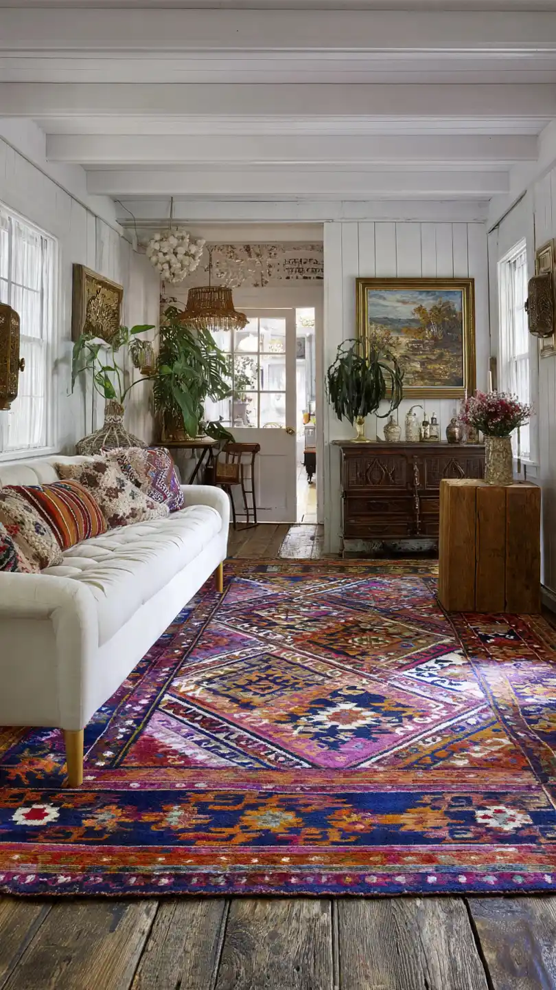 Eclectic Cottage Decor with Global Rug Over Wide-Plank Floors
