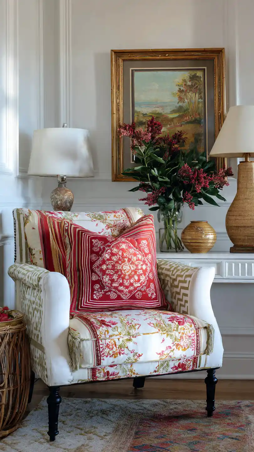Eclectic Cottage Decor with Neutral Walls with Bold Textile Layers