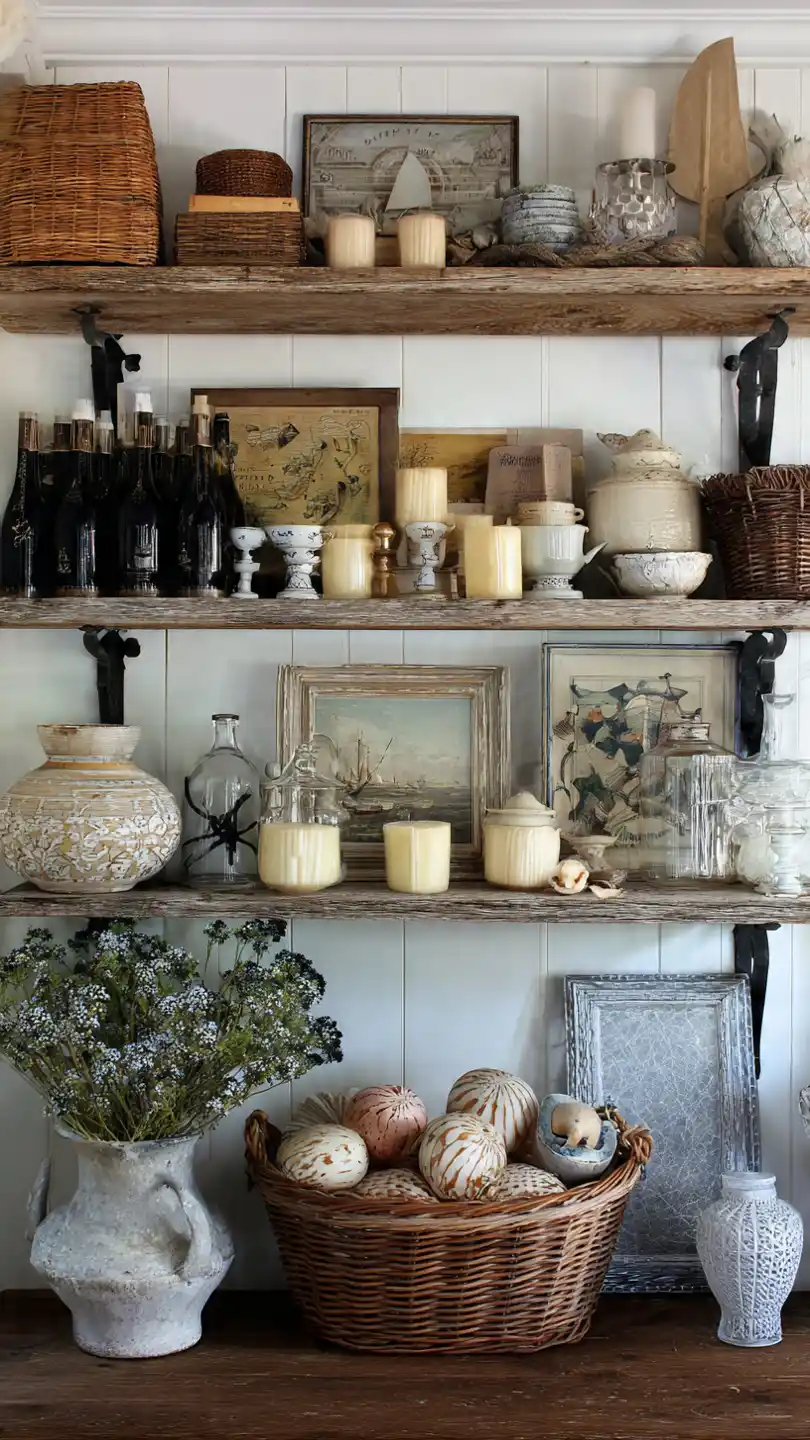 Eclectic Cottage Decor with Open Shelving with Collected Objects 1