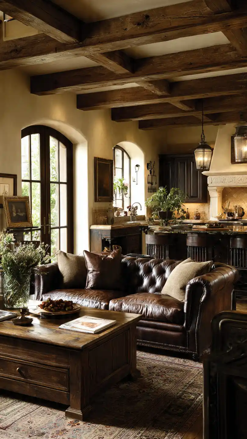 English Cottage Decor with Dark Wood Furniture with Visible Grain