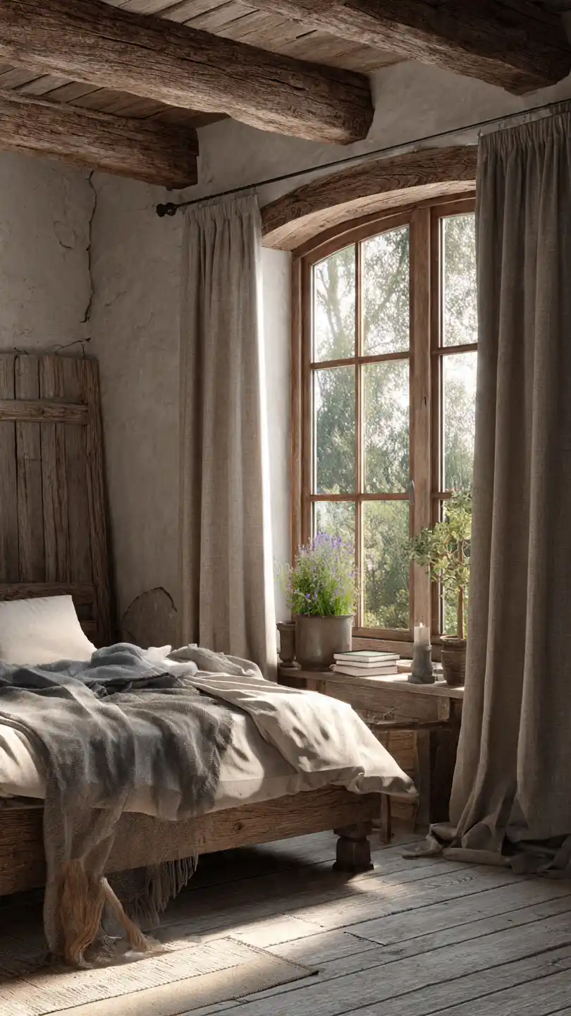 English Cottage Decor with Heavy Linen or Cotton Curtains in Earth Tones