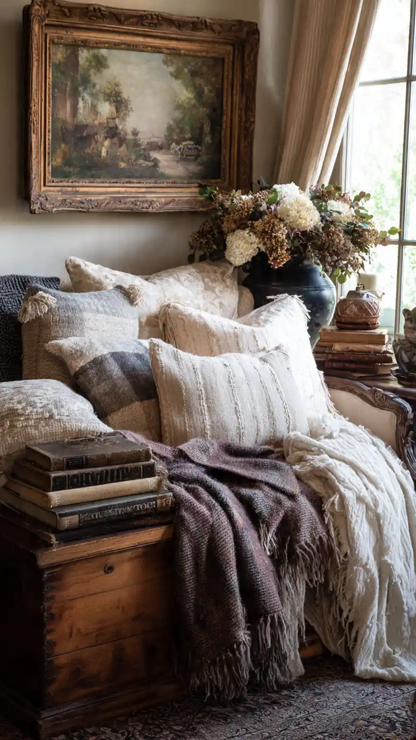 English Cottage Decor with Layered Wool and Cotton Throws