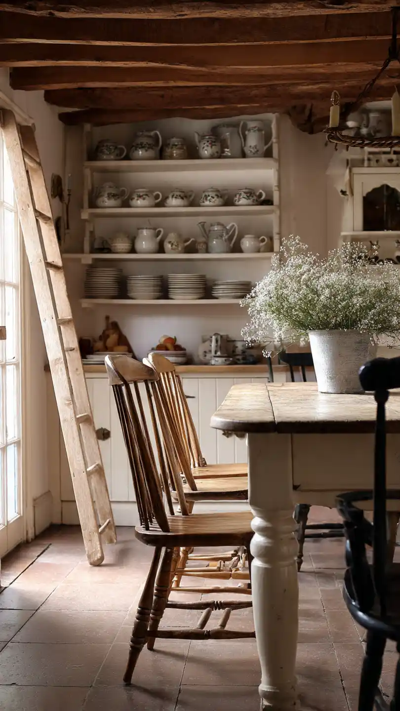 English Cottage Decor with Wooden Ladder-Back or Spindle Chairs