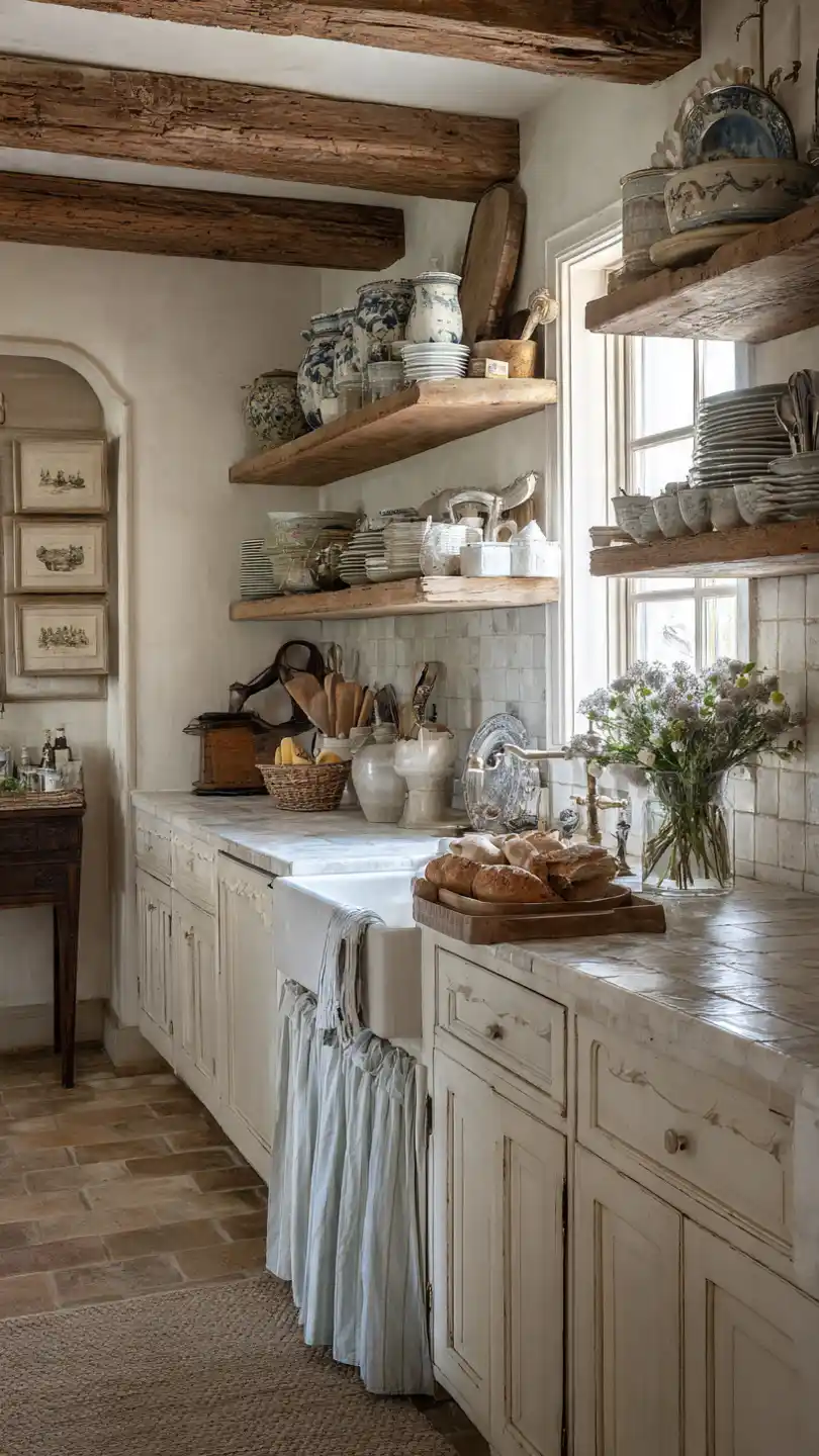 French Cottage Decor with Open Shelving Instead of Closed Cabinets